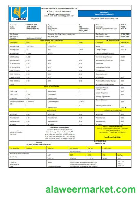 India Uttar Haryana Bijli Vitran Nigam Limited electrecity utility bill Word and PDF formats